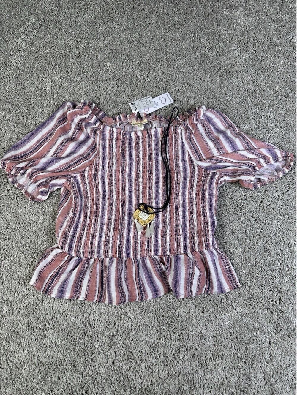 NWT Self Esteem Juniors Top Size Large Elastic Top Puff Sleeve Purple Pink